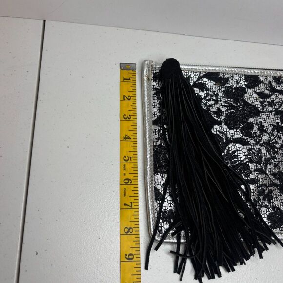 Sam Edelman Alia Lace Floral Leather Clutch Bag Designer Silver Black Tassel - Picture 9 of 10